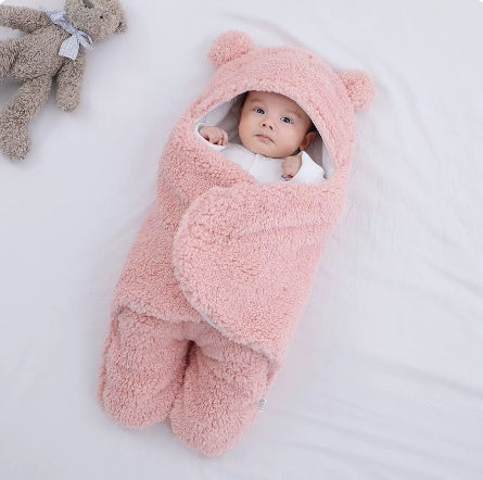Ultra-Soft Plush Baby Swaddle Blanket – Newborn "Hugging Bag" Sleep Sack with Cute Bear Ears – Thick Fleece Newborn Wrap for Nursery & Stroller